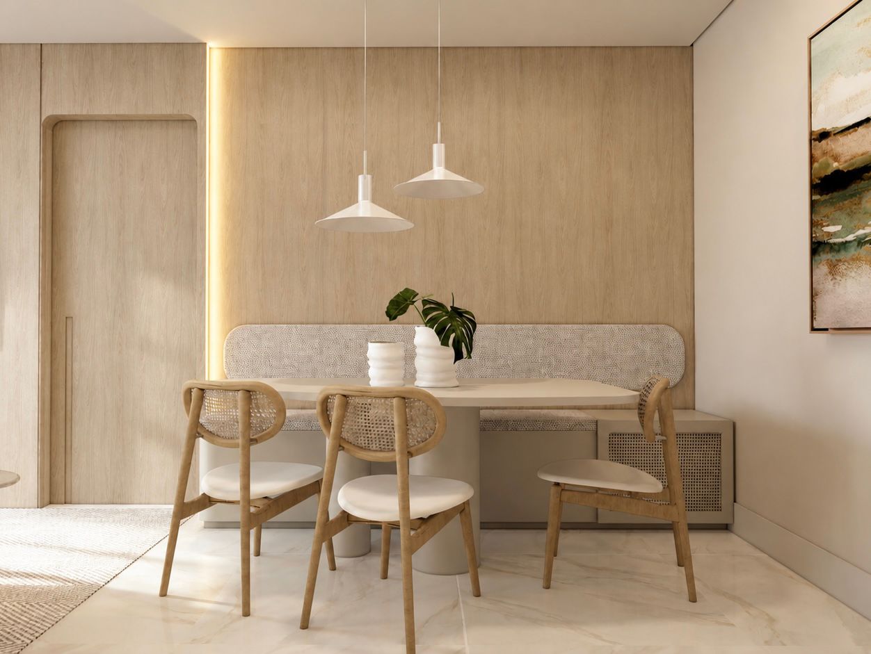 Ambiente de estar com madeira, textura natural e iluminação aconchegante